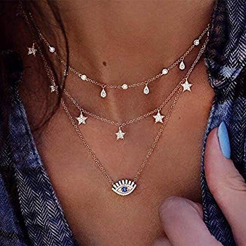 Anglacesmade Bohemia Layered Choker Necklace Evil Eye Necklace Star Necklace Crystal Star Pendant Necklace Multilayer Station Chain for Women and Girls