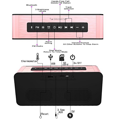 Orionstar Wireless Bluetooth Alarm Clock Radio Speaker with 9.4″Digital Screen Display Dimming &HD Sound, Compatible with iPhone/Android/PC4/Aux/MicroSD/TF/USB, for Office Bedroom Model A10 Pink