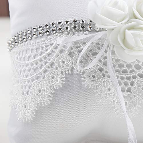 image for Qingbei Rina Bridal Wedding Ring Pillow with White Rose Lace for Weddi
