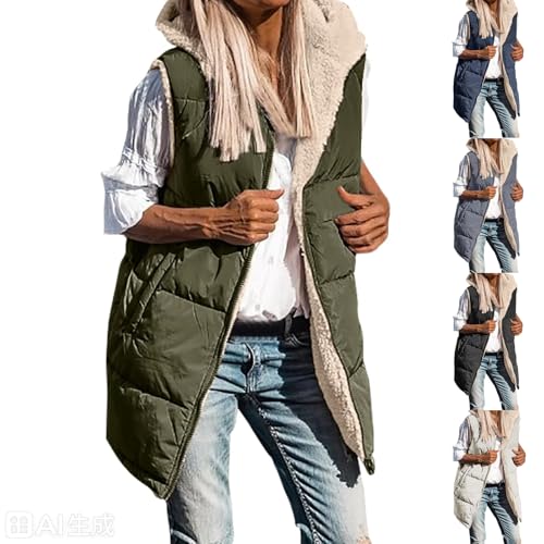 Puffer Vest Women,Womens 2025 Winter Fall Reversible Vests Sleeveless Fleece Jacket Zip Up Hoodie Pockets Long Warm Winter Coat Outerwear Army Green Large