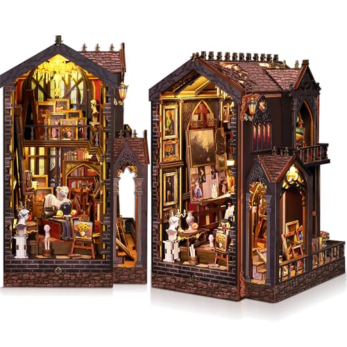 CRIOLPO Book Nook Kit - DIY Miniature Doll House Kit 3D Wooden Doll House Kit with LED Light Bookshelf Decor Collectors Gifts for Adults Teens Book Lovers - Wondrous Studio