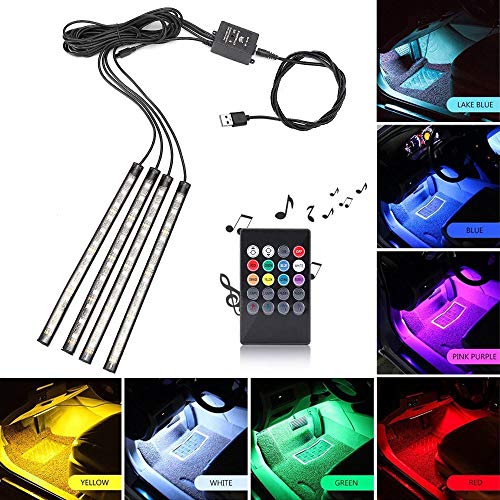 Interior Car LED Strip Light, Xiphoer Multi-Color RGB 4pcs 48 LEDs Underdash Foot Lighting Kit. Sound Active Function and Wireless Remote Control. DC 5V, Smart USB Port