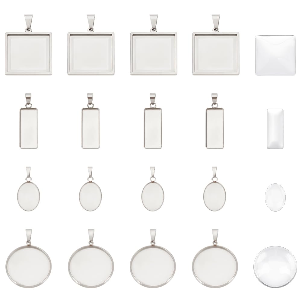 UNICRAFTALE 20Pcs 4 Styles Blank 304 Stainless Steel Pendant Round Square Rectangle Drop Tray Charm Blank Base Settings with Glass Cabochons Stainless Steel Edge Bezel Blanks Tray for Jewelry Making