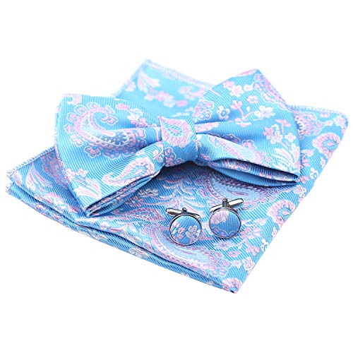 Alizeal Mens Floral Woven Pre-tied Bow Tie, Hanky and Cufflinks Set, Turquoise