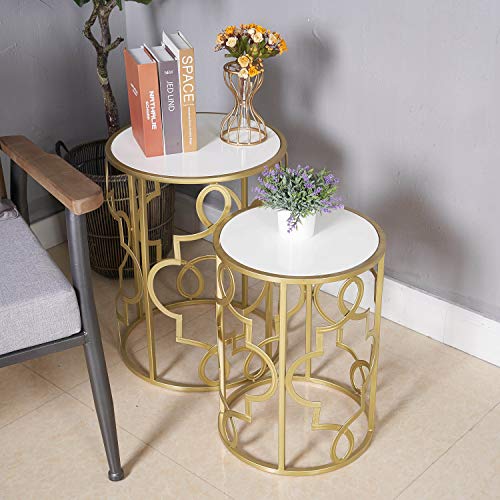 Gold&White Round Nesting Side End Tables Set of 2 in Wooden Top