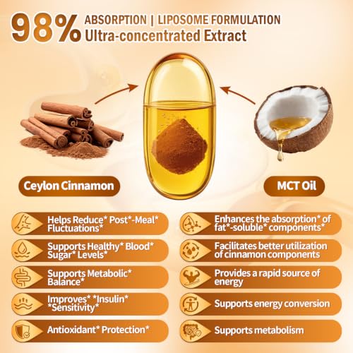 2-in-1 Organic Ceylon Cinnamon with MCT Oil Supplements Softgels, 120 Day Supply, Authentic Sri Lankan Source, Liposome Highly Bioavailable Extract, Energy & Metabolism Support, Large Granule Softgels