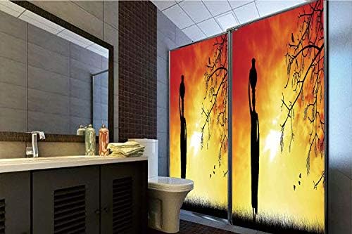 Horrisophie dodo No Glue Static Cling Glass Sticker,Afro Decor,Silhouette of Local Lady with Pot on The Head at Sunset Safari Illustration,Black Orange,39.37" H x 23.62" W for Home&Office