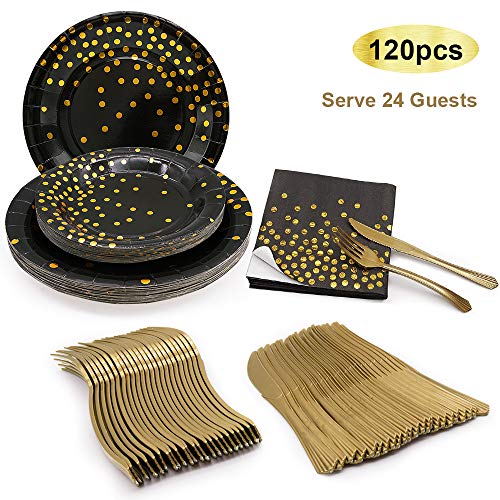 MMTX 120pcs Disposable Dinnerware Set, Golden Dot Tableware Party Supplies, 24 Dinner Plates, 24 Salad Plates, 24 Napkins, 24 Forks, 24 Knives for Wedding Birthday Anniversary Party-Black&Gold