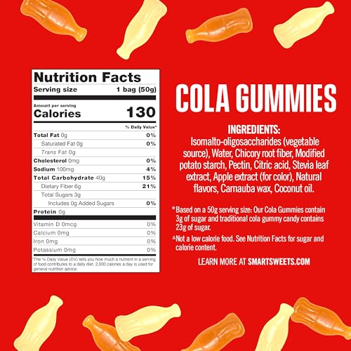 SMART SWEETS COLA GUMMIES, 1.8OZ (PACK OF 12), CANDY WITH LOW SUGAR (3G), LOW CALORIE (100), NO ARTIFICIAL SWEETENERS, VEGAN, PLANT-BASED, GLUTEN-FREE, HEALTHY SNACK FOR KIDS & ADULTS
