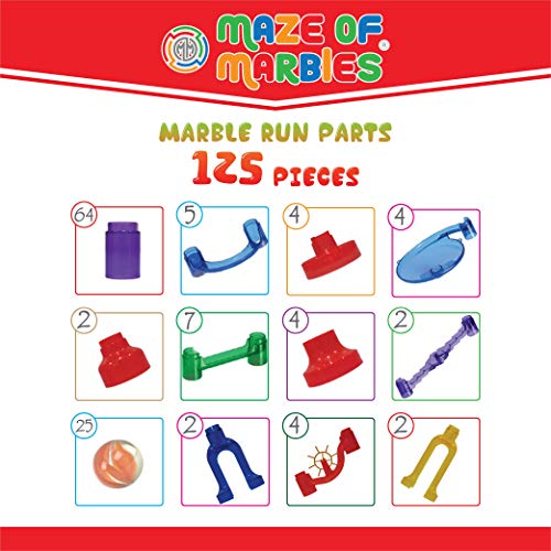 Maze of Marbles 125-Piece Marble Run Toy Set - Educational Building Block Play Track Game - STEM Construction Learning Toys for Kids 4 5 6 Years Old + 25 Glass Marble Balls with Storage Box Container