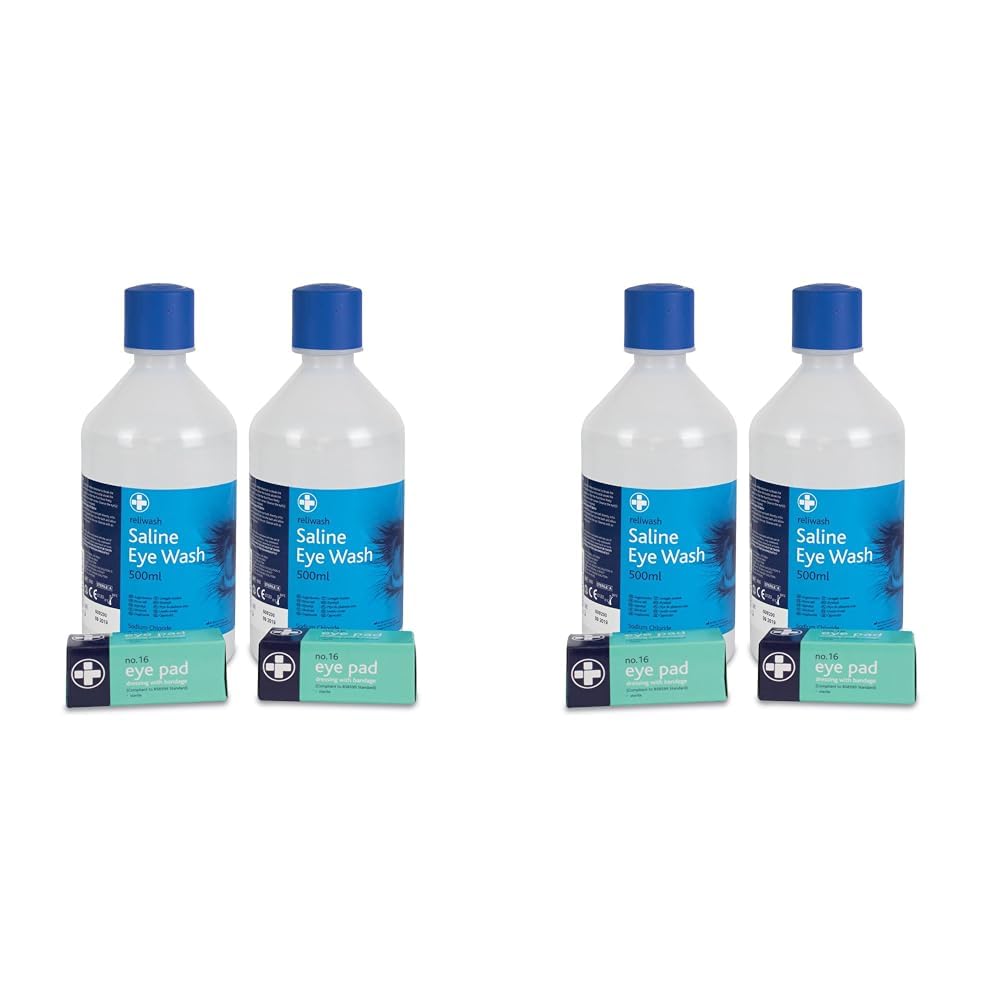 Reliance Medical Eyewash Refill - Ideal for Workplace, Home, Travel, Holiday, Includes Dressing Pads, Bandages, Emercengy Essentials, for 2 x 500ml Bottles, 2 x Eye Pads (Pack of 2)
