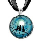 Laura Milnor Iverson Three Black Cats Silhouette Pendant Teal Moon Zen Tree Branch Necklace Handmade Jewelry Art