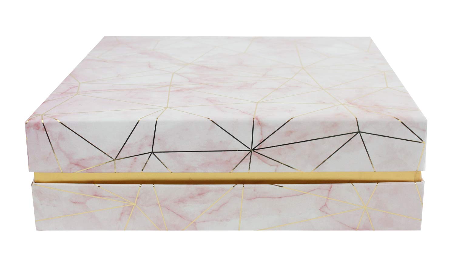 Emartbuy Rigid Square Luxury Presentation Gift Box, 19.5 cm x 19.5 cm x 6 cm, Pink Marble Effect with Gold Origami Lines and Pink Chequered Interior