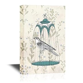 Canvas Wall Art - Bird Inside a Beautiful Bird Cage with Floral Pattern Background - Gallery Wrap Modern Home Art | Ready to Hang - 12x18 inches
