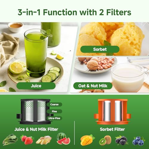 AMZCHEF Cold Press Juicer, Slow Masticating Juicer with 160mm Wide Feed Chute & 2.5L Large Hopper, 3-in-1 Juicer Machines with 2 Strainers(Juice, Nut Milk & Sorbet), Quiet Motor, Quick Release Design