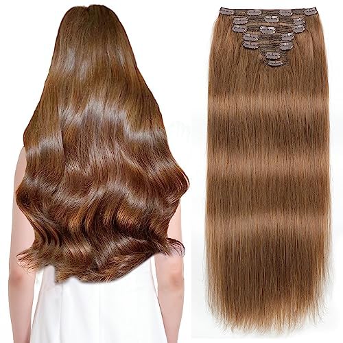 Photo 1 of Sisily Clip in Hair Extensions Real Human Hair, 22 inch 170g, Medium Light Brown, 100% Brazilian Remy Human Hair Clip in Extensions Soft Straight 7pcs Per Set with 16 Clips Double Weft