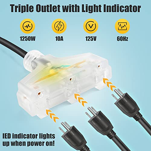 30FT + 9.5FT Retractable Extension Cord Reel, 16 Gauge Power Cord Reel, Ceiling/Wall Mounted Electric Cord Reel with Grounded Triple Tap Outlet + 10A Circuit Breaker + UL Listed