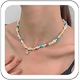 Zeshimb Boho Starfish Choker Necklace Crystal Beads Conch Beaded Necklace Handmade Sea Star Shell Surfer Necklace Hawaii Beach Cowrie Shell Collarbone Chain Necklace Ocean Jewelry for Women