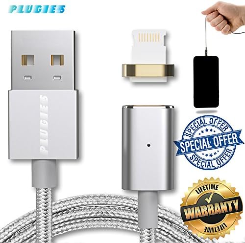 Magnetic Charging Cable Durable Lightning Reversible USB Fast Charging and Data Sync 4ft 2.4A With Indicator LED Light 3rd Gen for iPhone/iPad U.S. PATENT by PLUGIES (Silver)