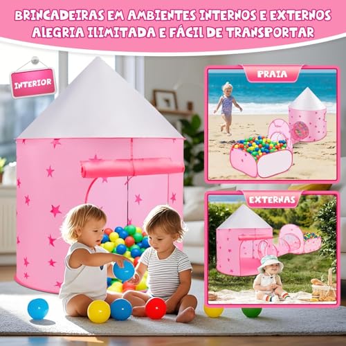 Barraca 3 Em 1 Rosa, Barraca 120*95/Piscina de Bolinha 120*120/Túne 106*47, Acampamento Jogos 3 em 1, Barraca Princesa, Brinquedoteca Casa Ar Livre, Tenda com Piscina de Bolinha（Não Vem com Bolinhas)