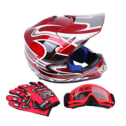 Sange DOT Youth Kids Offroad Helmet Motocross Helmet Dirt Bike ATV Motorcycle Helmet Gloves Goggles (Red, Medium) - Thumbnail 3