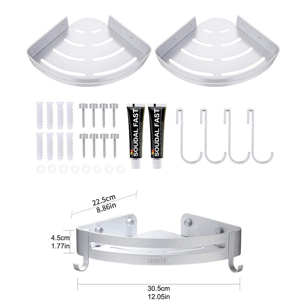 Mensole doccia, Sunvito Mensole Bagno Angolare Senza Foratura, Lega di Alluminio Anti-Ruggine con 2 Piani, Montato A Muro, Mensole per Doccia Bagno Cucina