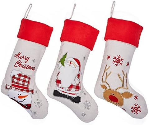 Set of 3 Christmas Stockings - Large Size 17 inch Stocking for Kids, Snowman Christmas Decor by Rorgio