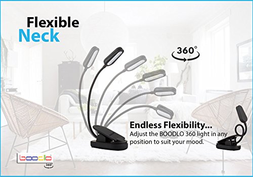 BOODLO 360° RECHARGEABLE BOOK LIGHT for reading in Bed or Desk with EYE-CARE Protection, 20 HOURS of Reading, 2 Modes, 4 LED, Easy CLIP ON Reading Light, LIGHTWEIGHT, for Music stand (WHITE)