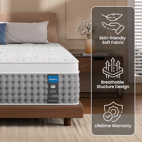 BedStory King Mattress Medium Firm, 12 Inch Hybrid Matelas with Individual Coils, Mattress in a Box for Extra Lumbar Support ＆ Motion-isolation, Fiberglass-Free, CertiPUR-US Certified, 365-Night Trial