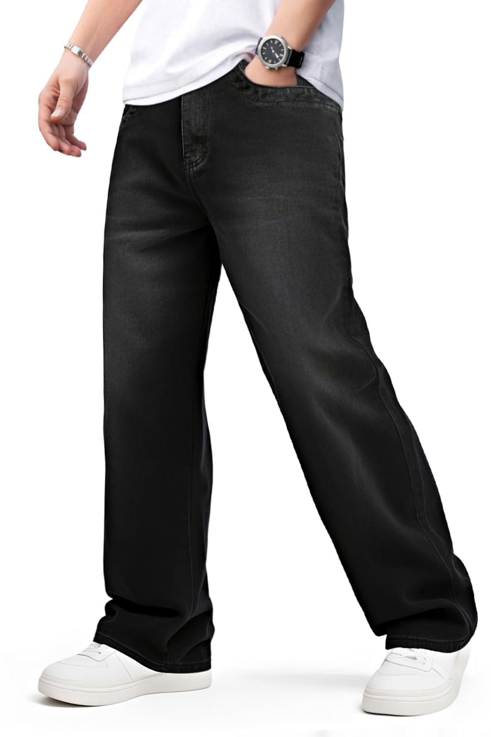Photo 1 of GINGTTO Mens Baggy Jeans Black Wide Leg Denim Jeans for Men Relaxed Fit Streetwear 36