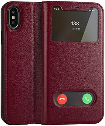 ERLI iPhone X Case, Cowhide [GENUINE LEATHER] + Ultraslim Flip Cover Case [Dual Smart Window View] + Magnetic Closure (Red)