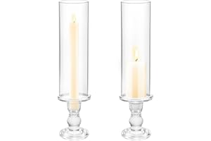 LANLONG Clear Glass Hurricane Candle Holder Set of 2, 13.8 inch Tall Candlestick Holder for Taper Candles, Hurricane Glass Candle Holders for Table Centerpiece Wedding Party Dining Event Decor