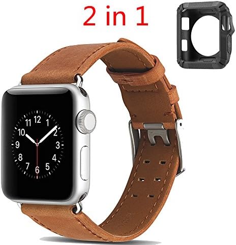 Rykimte Smart Watch Band For Apple iWatch Leather Replacement Sport Edition Series 1/2/3 Wrist Strap Wristband Bracelet With Shock-proof Protective Case Metal Adapter For woman Man Lady ( Brown 42mm )