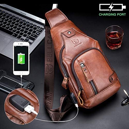 BULLCAPTAIN Sling Bag Crossbody Backpack with USB Charging Port Genuine Leather Hiking Travel Daypack XB-129 (Brown) 2 BULLCAPTAIN Sling Bag Crossbody Backpack with USB Charging Port Genuine Leather Hiking Travel Daypack XB-129 (Brown)
