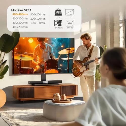 Support TV Universel de Table pour écrans LCD/LED 27 à 55 Pouces – Base en Verre trempé avec Gestion des câbles, Hauteur réglable sur 6 Niveaux, Compatible VESA 400 x 400 mm
