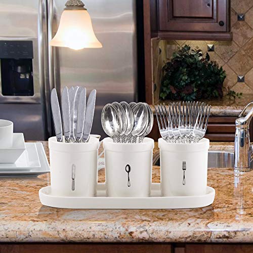 Emenest Flatware Organizer Set, 4-pc Ceramic Utensil Crocks on Tray - Printed Mugs on Stoneware Caddy - Home and Party Dinnerware Set - Thumbnail 3