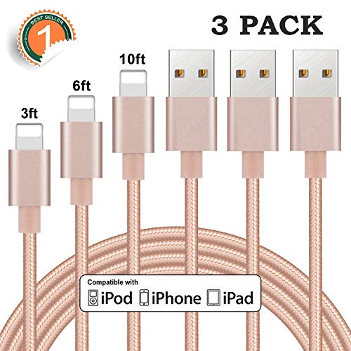 Sundix iPhone Charger Cable 3Pack 3FT 6FT 10FT Nylon Braided Charging Cord Compatible with iPhone XS SR X 8 8 Plus 7 7 Plus 6 6s 6 Plus 6s Plus 5 5s SE 5c, iPad, iPod