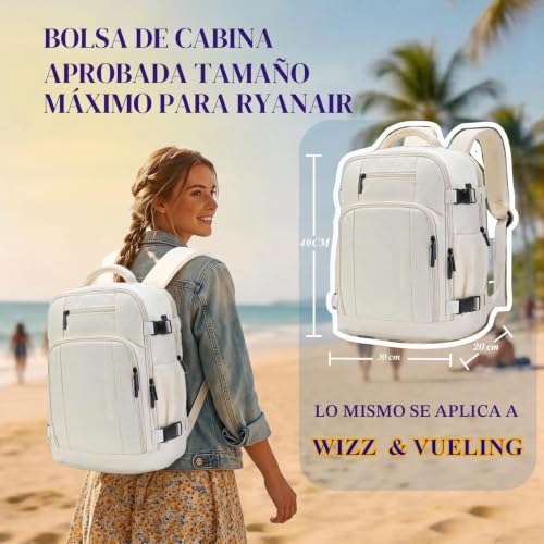 ZHXX Airplane Cabin Travel Backpack 40 x 30 x 20, Backpack 40 x 30 x 20 Suitable for Ryanair/Vueling/Wizz.Hand Luggage with Padded Sleeve for 14 Inch Laptop,Anti-Theft Pocket,White