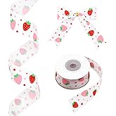 Pastel Red and Pink Strawberries with Polka Dot Grosgrain Ribbon, 1 inch x 10 Yards Fruits Ribbon for Spring and Summer Wreaths, Crafts, Trims, Hair Bow Making, Gift Wrapping (Pink)