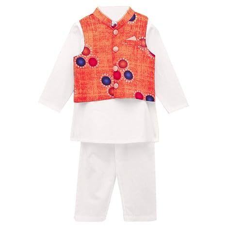 M'ANDY By Hopscotch Boys Cotton Batik Print Jacket With Kurta And Pajama Set in White Color