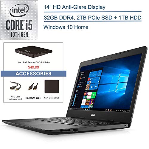 2020 Dell Inspiron 14″ Laptop Computer, 10th Gen Intel Quad-Core i5 1035G4 Up to 3.7GHz (Beat i7-7500u), 32GB DDR4 RAM, 2TB PCIe SSD + 1TB HDD, 802.11ac WiFi, Windows 10, EST External DVD+ Accessories