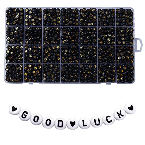 1400pcs Letter Beads, 4x7 mm Acrylic Alphabet Beads, Beads for Jewelry and Bracelet Making, in 28 Grid Box (Black and Gold)