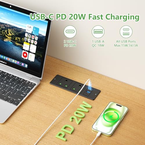 HANNELORE Recessed Power Strip with USB C PD20W, Desk Power Socket with USB, Power Extension Lead 2 Outlets 2 Screws, Hidden in Furniture Desk Table, 2M/6.6FT Cable, Black