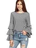 SheIn Women's Striped Layered Bell Sleeve Ruffle Blouse - Grey Large