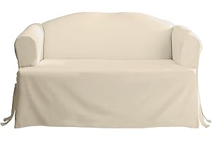 SureFit Cotton Duck Canvas T Cushion Loveseat Slipcovers, Loveseat Cover Cotton Solid One Piece Design and Straight Skirt, Removable and Machine Washable Loveseat Cover, Natural