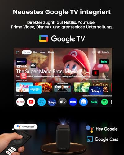 WEMAX Smart Projector with Google TV & Netflix Licensed, 500 ISO Lumens, 1080P (4K), 8-Point Auto Keystone & Auto Focus, Dustproof, Dolby Audio, Portable Projector for Football Evenings, Gaming