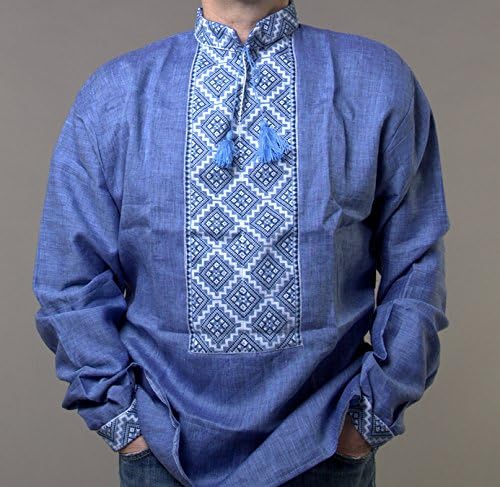 Blue Denim Color Man Shirt Ukrainian Vyshyvanka Embroidered Slavic Folk Dress XL Easter Gift