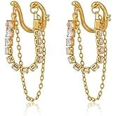 14K Gold Plated Crystal Chain Ear Cuff Dangle Earrings for Women Non Piercing - Non Tarnish Clip on Cartilage Earrings Fake Earring Trendy Jewelry