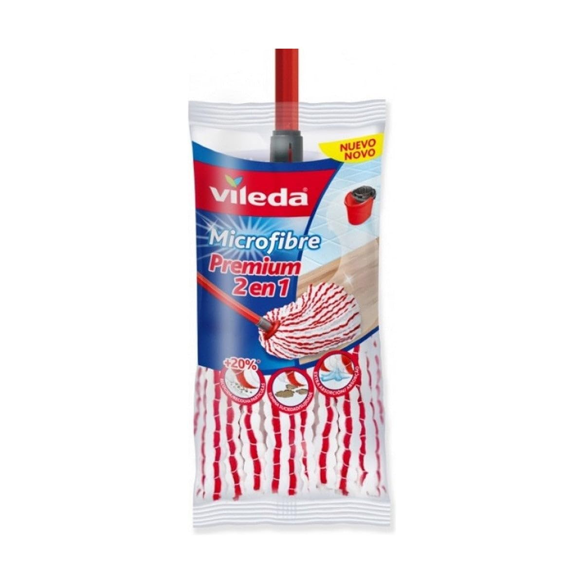 Vileda Premium Microfibers 2 in 1 Refill for Mop, Universal Head with Microfibers and Polyamide, Red and White - 1 Unit
