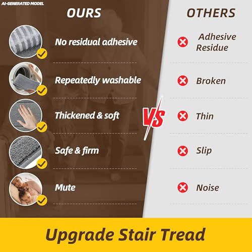 Non-Slip Stair Treads for Wooden Steps Indoor, 15 Pack 8" X 30" Edging Stair Rugs with TPE Backing,0.45" Thick Carpet Stair Treads for Kids Elders & Pets, 100% Polyester Soft Stair Runners, Light Grey | Non-Slip TPE Backing, Washable Stairs Carpet, Soft Polyester, Pet-Friendly for Wooden Steps